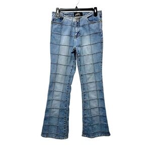Lazer Jeans Patchwork Flare Pants Womens 5 Blue Denim Y2K Grid Seam Retro